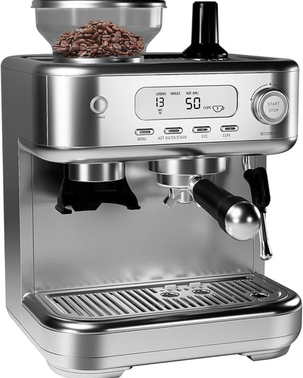 IDEALHOUSE Espresso Maker with Grinder,Milk Frother, 15 Bar Pump, 15 Grind Settings, Digital Display, High Power Milk Frother, Digital LCD Screen, Stainless Steel Coffee Maker for Home and Office