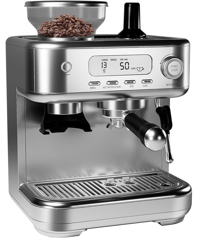 IDEALHOUSE Espresso Maker with Grinder,Milk Frother, 15 Bar Pump, 15 Grind Settings, Digital Display, High Power Milk Frother, Digital LCD Screen, Stainless Steel Coffee Maker for Home and Office