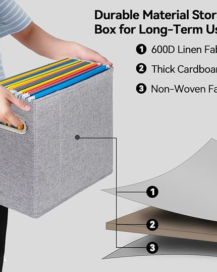 4 Packs Letter Size File Organizer, File Folders Organizer, Fabric Storage Box, Collapsible Paper Organizer with Metal Handle, Smooth PVC Rails, Only Box (Gray)