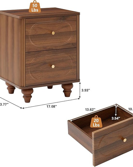ORRD 2 Drawer Fluted Mini Small Dresser for Bedroom Set of 2, Mid Century Modern Nightstand Bedside End Table, Wood Storage Dresser Organizer for Bedroom Living Room, Walnut