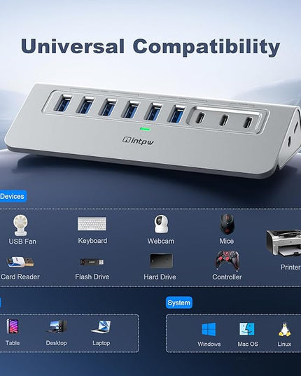 Powered USB Hub 10Gbps, intpw 9-Port USB 3.2 Hub, USB C Hub with USB A/USB C 3.2, 4 USB 3.0, 2 PD 45W Charging Ports, 65W Power Adapter and 3.3FT Cable, Aluminum USB Hub for Laptop, iPhone 17/16/15，PC