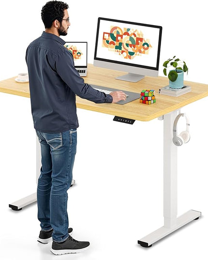 SANODESK Electric Standing Desk 48 x 30 Inches Whole-Piece Desktop Height Adjustable Stand Up Desk w/6-Button Controller Ergonomic Computer Desk for Home Office, White Frame + Natural Tabletop