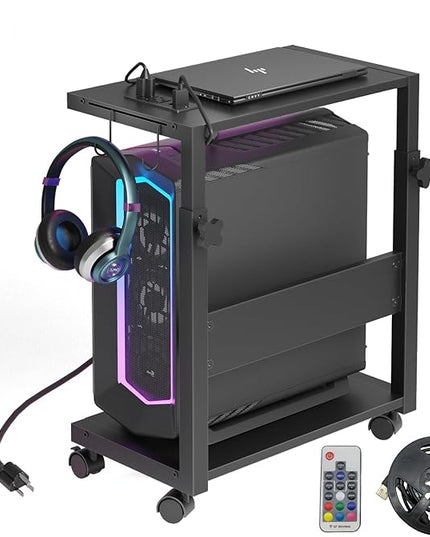 Computer Tower Stand with LED Light Strip,Mobile Rolling CPU Holder,Height Adjustable PC Tower Stand with Charging Station for Office Home (Black)