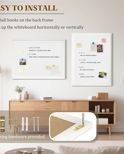 White Board for Wall, 24'' x 18'' Magnetic Dry Erase Board, Decorative Whiteboard with Plain White Wooden Frame, Hanging Writing Board for Home Office School Dorm