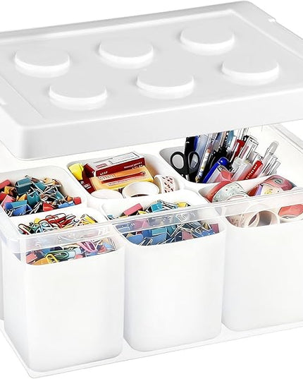 loobuu Plastic Storage Bins with Lids, Art Craft Supply Organizer Box with Brush Pot, Multipurpose Stackable Storage Containers for Organizing Tool, Craft, Crayon,Sewing(White)
