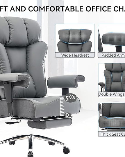 Efomao Big and Tall Office Chair 450LBS with Foot Rest, High Back PU Leather Executive Chair with Adjustable Padded Armrests, Lumbar Support for Home or Work, Heavy Duty Computer Chair, Grey