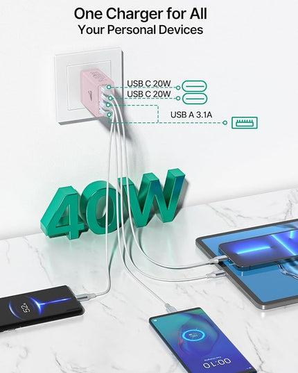 40W USB C Charger Cube, 2-Pack Fast Charging Block, 4-Port QC Wall Plug +PD 3.0 Power Adapter Multiport Brick Type C Charger Block for iPhone 15/15 Pro/15Plus/14/14 Pro/13/12/11,iPad, Airpods,Samsung