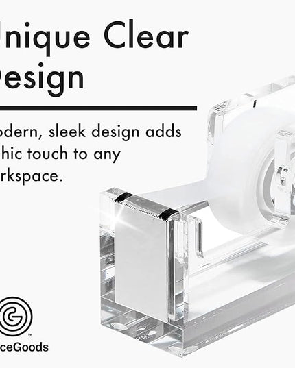 OfficeGoods Acrylic Tape Dispenser – Modern Desk Organizer for Office Supplies – Heavy Duty Refillable Tape Holder for Home and School Crafting – Stylish Desktop Accessory for Gift Wrapping, Silver