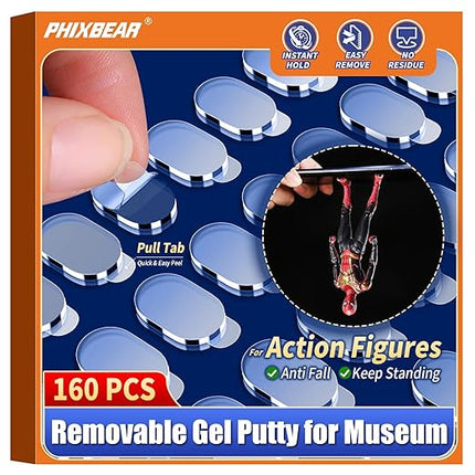 PHIXBEAR 160 Pcs Pro Removable Gel Glue Putty with Pull Tab for Museum Action Figures, Clear Earthquake Adhesive Dots, Sticky Tack for Wall Hanging, 0.31x 0.51 Wax Mounting Putty