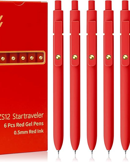 UIXJODO Red Pens, 6 Pcs Red Ink Pens Fine Point Smooth Writing Pens, 0.5mm Colored Ink Gel Pens for Journaling Note Taking, School Supplies Gifts for Women (6 Pcs Gold Red - Red Ink)