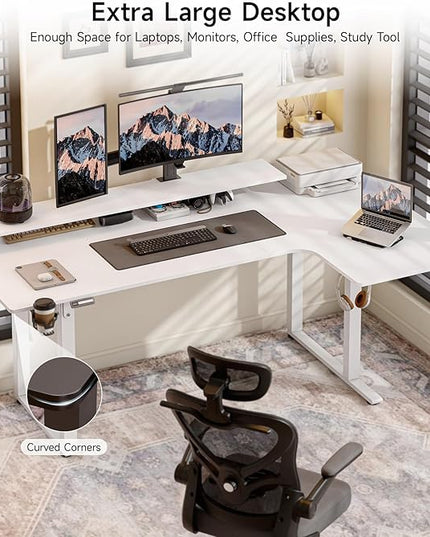 L Shaped Standing Desk, 63x43'' Electric L Stand Up Desk with 2 Adjustable Monitor Shelves, Dual Motor and Memory Controller, Adjustable Height from 28-46'' for Home and Computer Workstation, White