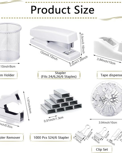 Office Supplies,Desk Accessories, Stapler and Tape Dispenser Set for Women with Stapler, Tape Dispenser, Staple Remover, Staples, Clips, Scissor and Tabs,Gift for Students, Coworkers