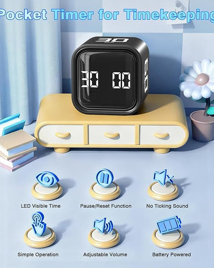 Cube Pomodoro Timer, Desk Productivity Timer 5/10/30/60 Minutes & Custom Countdown, Adjustable & Silent Visual Timer, ADHD Tool Flip Rotating Portable Multi Timers for Study Task Work Kitchen School