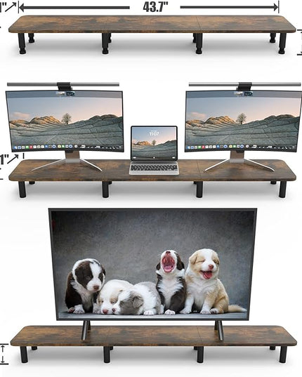 Dual Monitor Stand - 43.7 inch Extra Long Wide TV Stand - Wood & Steel Leg Desktop Riser - Desk Organization - Home Office (Vintage)