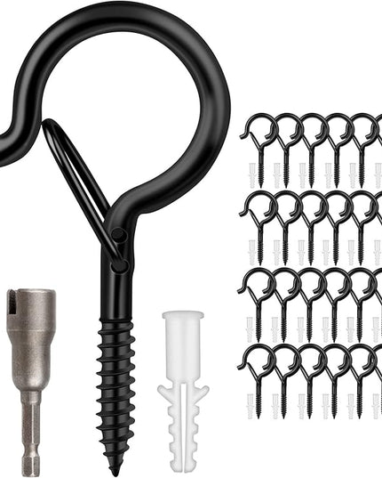 24 PCS Q-Hanger Hooks, Screw Hooks for Outdoor String Lights, Safety Buckle Design Cup Eye Hook for Hanging Christmas Lights, Plants, Wind Chimes, Mounted on Wall Ceiling, Include 1 Wing Nut Driver