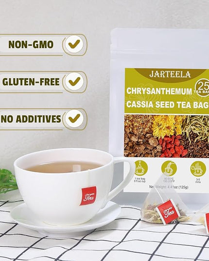 Jarteela - Chrysanthemum Cassia Seed Tea Bags - 5g x 25 Count - Chrysanthemum Blend Herbal Tea with Goji Berry, Burdock Root, Honeysuckle, Osmanthus - Support Overall Health