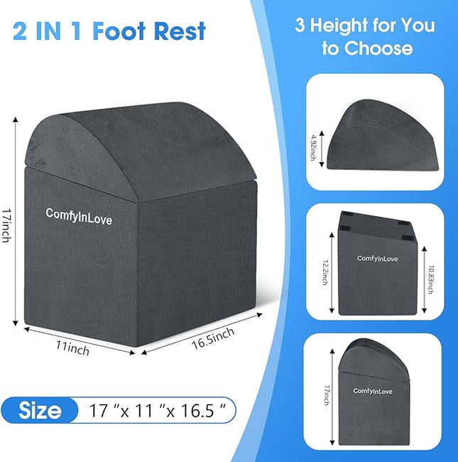 Foot Rest for Under Desk at Work - Non-Slip Foot Stool with 3 Adjustable Heights, Ergonomic Under Desk Footrest with Washable Cover for Desk, Home, Office, Car (Dark Grey)
