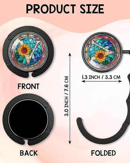 YAZMEEN Stained Glass Initial Foldable Purse Hook for Table, Stained Glass Letter V, Women's Handbag Hanger Holder, Portable Purse Table Hanger, Funny Desk Hook Gifts for Mom Wife Sister Friend BFF