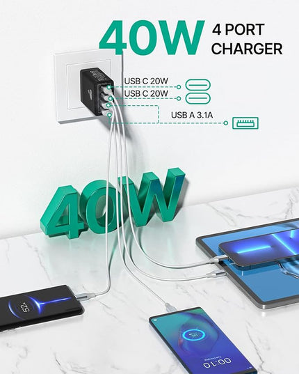 [2-Pack] USB C Wall Charger Block, Aiminu 40W 4-Port Fast Charging Block Dual Port QC+PD Power Brick Multiport Type C Charger Plug Adapter for iPhone 15 14 13 12 11 Pro Max XS XR SE 8 Plus, Samsung