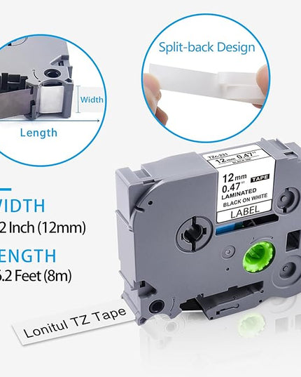 5 Multicolor TZ Tapes Replacement for Brother P Touch Label Tape TZe 12mm 0.47 Laminated Colored Tape TZe 231-735 White/Black/Red/Blue/Green for Brother Ptouch PTD210 PTP300BT PTD600 PT1280