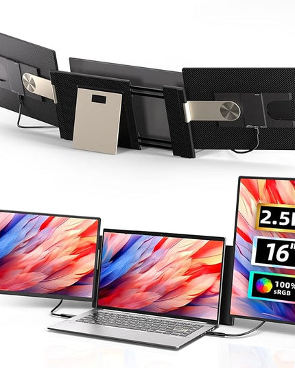 Laptop Screen Extender 2.5K Monitor - 16" Triple Portable Monitor 2560x1600P QHD 100% sRGB IPS 235° Rotation Detachable Screen Design Extra Compatible with Mac Wins Dex Chrome Fits 13"-17" Laptops
