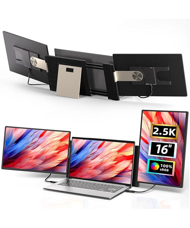 Laptop Screen Extender 2.5K Monitor - 16" Triple Portable Monitor 2560x1600P QHD 100% sRGB IPS 235° Rotation Detachable Screen Design Extra Compatible with Mac Wins Dex Chrome Fits 13"-17" Laptops