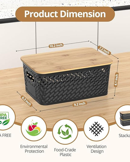 Plastic Storage Bins with Bamboo Lids, Stackable Small Box Baskets for Organizing and Containers for Shelves Drawers Desktop Closet Pantry Classroom Office Home, 6 Pack 10.2x7.2x4.1 Inch, Black