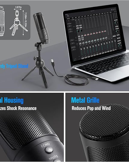 USB Condenser Microphone Audio Recording Microphone with Triangular Stand Suitable for Windows macOS Ideal for Content Creation Live Streaming Online Meetings Gaming and Remote Work(K2S)