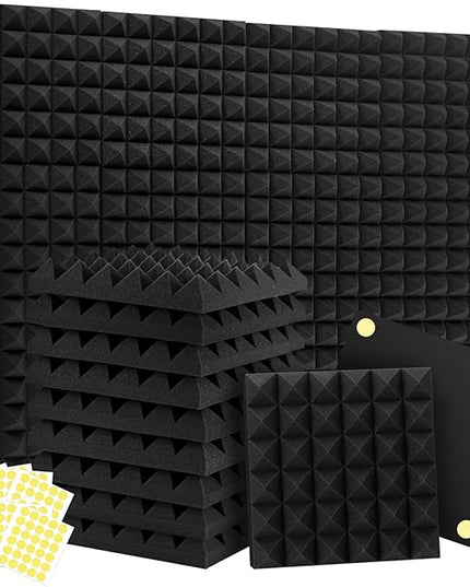 Focusound Acoustic Panels 24 Pack 2"x12"x12" with 120 PCS Double-Side Adhesive - Sound Proof Pyramid Foam for Walls, Home Studio Noise Absorption & Echo Control Kit