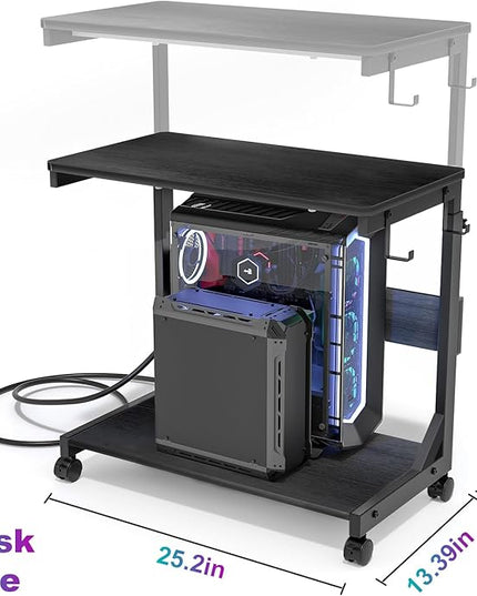 Height Adjustable Computer Tower Stand with Charge Station and USB Charging Port, 2-Tier ATX-Case Cart, Under Desk Mobile PC Stand, CPU Holder Cart with Locking Caster Wheels for Fits Most PC