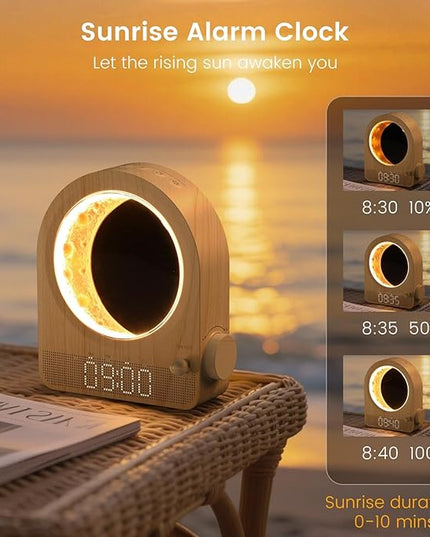 Sunrise Alarm Clock, White Noise Machine & Meteor Moonlight - 10 Soothing Sounds, Dual Alarms, 30/60/90min Timer, Easy Snooze - Bedroom Gift for Insomnia Adults/Women - Wood Grain