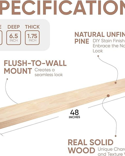 Homeforia Wood 48 inch Floating Shelf, High End Solid Natural Wood 48inch Floating Shelves for Wall Mounted, Unfinished Wooden Large Floating Shelves, Heavy Duty Bracket, 48 X 6.5 X 1.75 in, Set of 2