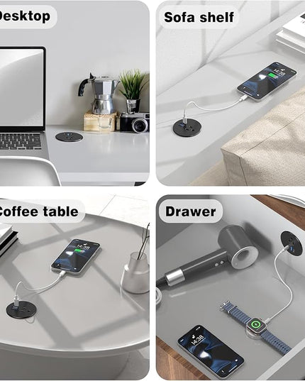 Desk Grommet Power Outlet, 2.5 inch Desktop Recessed Outlet with 20W Fast Charging USB-C Port, Flush Mount Outlet for Conference Rooms, Office Tables, Furniture (Black, 10FT)