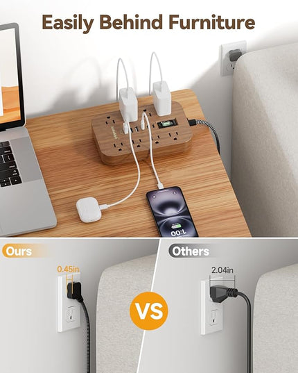 Walnut Power Strip with USB Ports - 10 FT Wood Power Strip, 1625W Decorative Extension Cord with 6 AC Outlet 3 USB, for Brown Tan Wood Walnut Grain Aesthetic Vintage Rustic Desk Accessories Decor