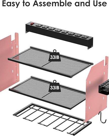 CCCEI Modular Power Tool Organizer Wall Mount with Charging Station. Garage Drill Storage Shelf with Hooks, Heavy Duty Rack, Tool Battery Holder Built in 8 Outlet. Gift for Men. Pink, 1 Pack.