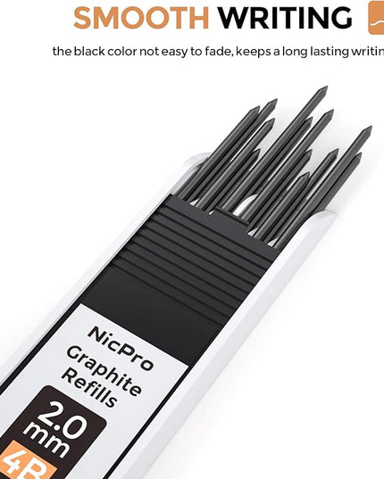 Nicpro 2mm Metal Mechanical Pencil Set, 2PCS Lead Holder 2.0 mm Marker Artist Carpenter Pencils with 120 Graphite Lead Refill (HB 2H 4H 2B 4B & Color), 2 Eraser for Drafting, Drawing Writing Sketching