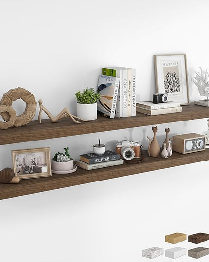 RICHFOCUS 72Inch Floating Shelves for Wall 2 Pack Shelves for Bedroom|Kitchen|Bathroom Wall Mounted Rustic Wood Floating Shelf with Invisible Brackets for Books|Storage|Decor, Walnut