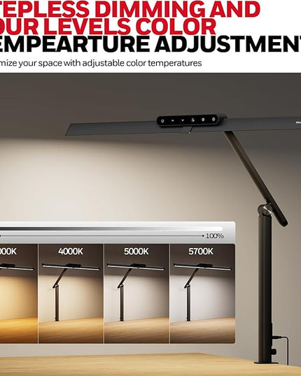 Honeywell LED Desk Lamp with Clamp - HJ1 Sunturalux Eye-Caring Clip on Lights for Home Office, 1200LM Clamp Lamp 4 Color Modes Stepless Dimming Task Desk Light for Working Black