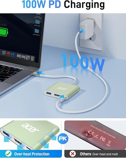 Acer USB C to HDMI Adapter, 4K USB C Hub with 100W PD, USBA 3.0 Port, HDMI to USBC Multiport Digital AV Converter for MacBook Pro/Air, iPad, Tablets, TV, Monitor and More (Green)