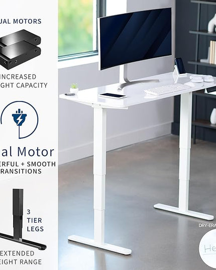 VIVO Electric 60 x 24 in Dual Motor Sit Stand Desk, Memory Height Adjustment, 2B Series, White Dry Erase Top White Frame, DESK-KIT-2W6WE