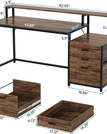 Tribesigns 63 Inch Computer Desk with File Drawer Cabinet, Ergonomic Office Desk with Monitor Stand, Industrial Computer Table with Printer Space, Wood PC Table Workstation Desk for Home Office