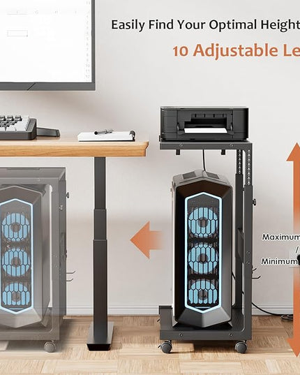 JANE EYRE Computer Tower Stand - Adjustable PC Tower Stand CPU Holder Cart with Charging Station for Office Home Classroom,23.03"-28.3" H, black