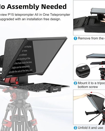 Desview P15 Teleprompter 15 inch Professional Prompter with HD Glass & Adjustable Mirror Compatible with DSLR Cameras Smartphones Tablets for Video Recording Live Streaming