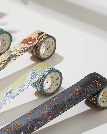 WT Waves of Rebun Washi Tape Set, 4 Rolls, Gold Foil, Decorative Masking Tape, Bujo Planner Supplies, DIY Crafts Tape, Adhesive Wrapping Tape, Paper Tape, Journaling Gifts