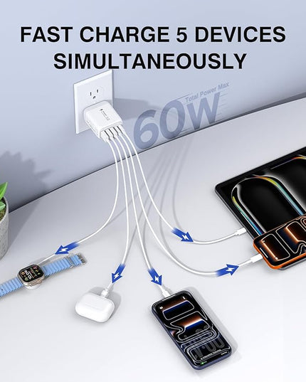 USB C Wall Charger Block, 2Pack 60W 5-Port C Charger Fast Charging Block PD Power Adapter +QC 3.0 Multiport Type C Box Brick Cube USB A Wall Plug for iPhone 15/16/17 Pro Max Plus, iPad,Samsung Galaxy