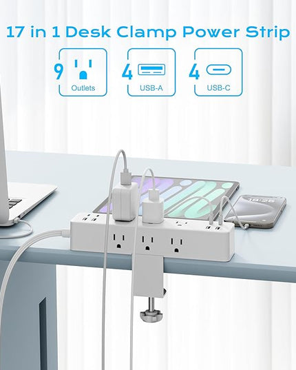 Flat Plug Desk Clamp Power Strip 10FT, 24W Total Charging Station, Desk Edge Mount Power Strip 9 AC Outlets 8 USB Ports Surge Protector, Fit 1.7" Tabletop Edge, Home Office Accessories, White