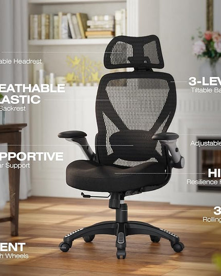 ELABEST X100 Ergonomic Mesh Office Chair, Big and Tall Hone Desk Chair with 5D Flip-Up Arms, Adjustable 3D Lumbar Support,Gaming & Executive Computer Chairs for Long Hours, Padded Seat