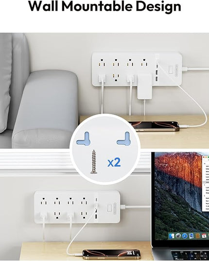 25 ft Extension Cord Flat Plug, NTONPOWER 8 Outlet Surge Protector Power Strip with USB Ports, 1080 Joules, 15A Circuit Breaker, Wall Mount for Home Office Workshop or Garage, ETL Listed, White