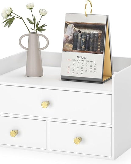 Bamboo Desk Organizer with Drawers Wooden Desktop Storage Drawers for Bills Office Supplies Kitchen Utensils Organizing Tool for Home Classroom Organization No Assembly (3 Drawers, White)
