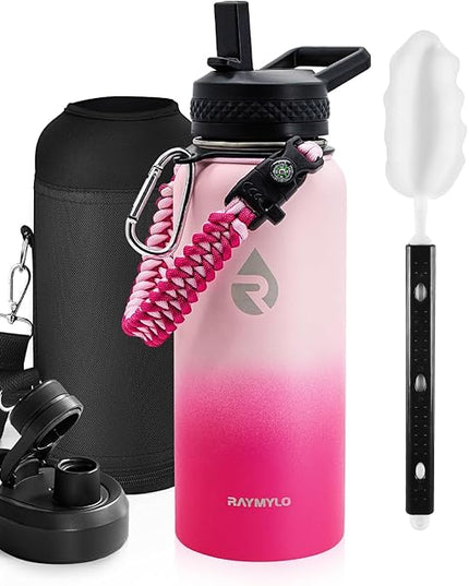 Insulated Water Bottle 32 oz, Triple Wall Vacuum Stainless Steel (Cold for 48 Hrs), Leak Proof & Non-BPA, Modern Water Flask Jug with Paracord Handle & Straw Spout Lids, Ombre Pink